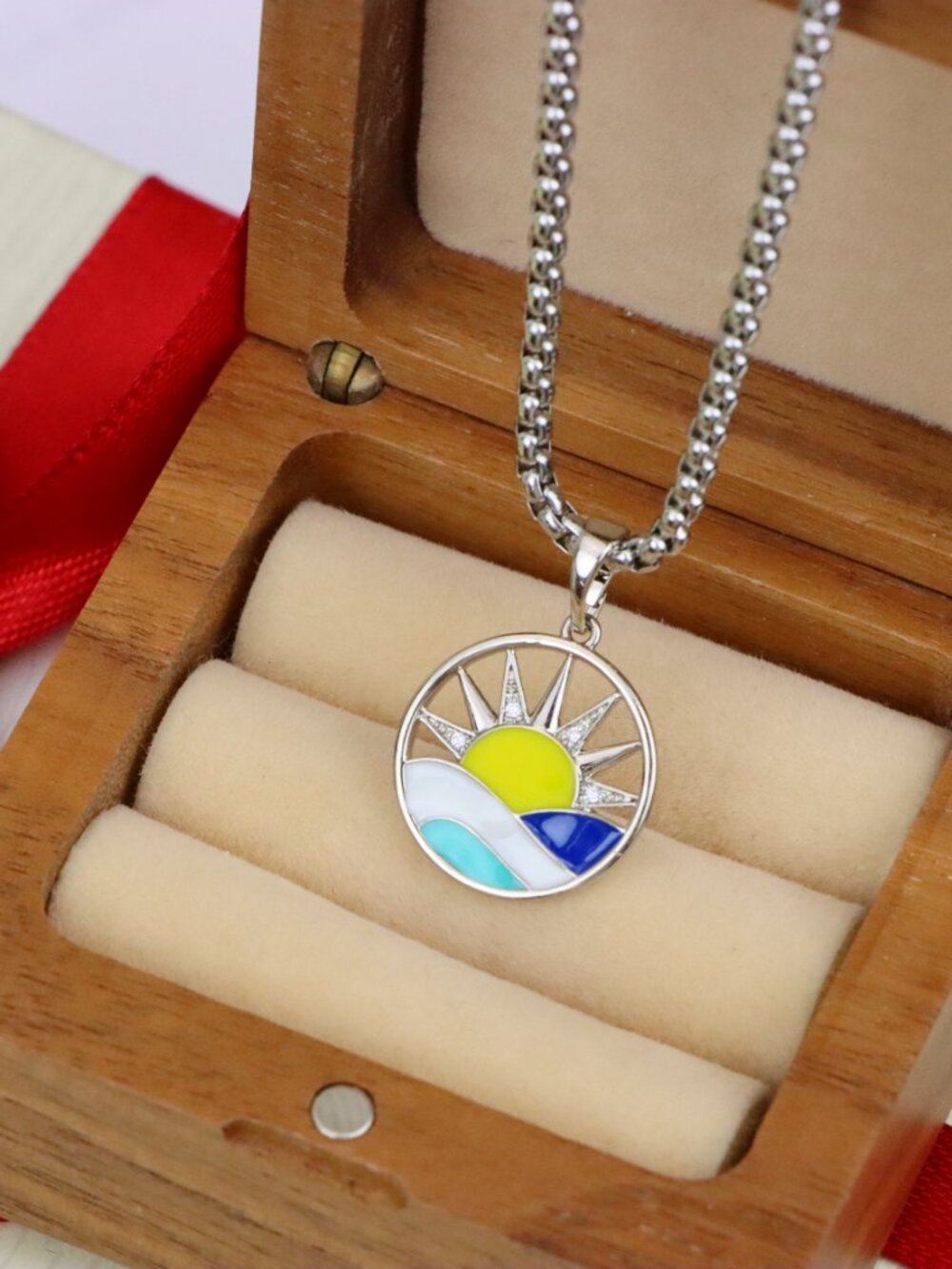 Round Silver Pendant with Colorful Sun and Wave Enamel Design, XPPT1867 - Picture 5 of 11